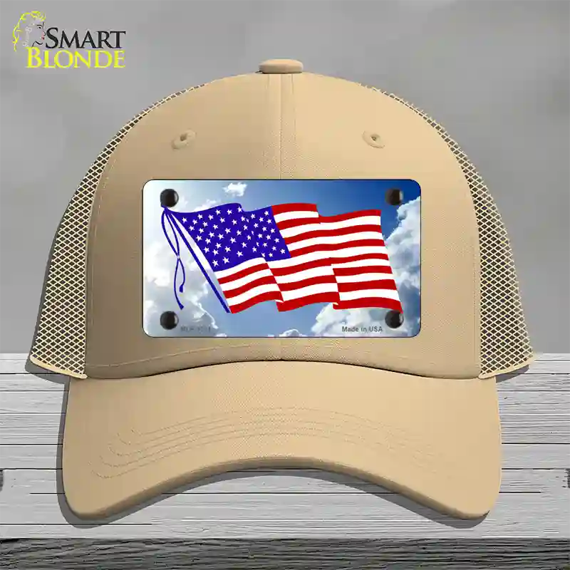 American Flag Cloud Novelty License Plate Hat Mesh / Khaki