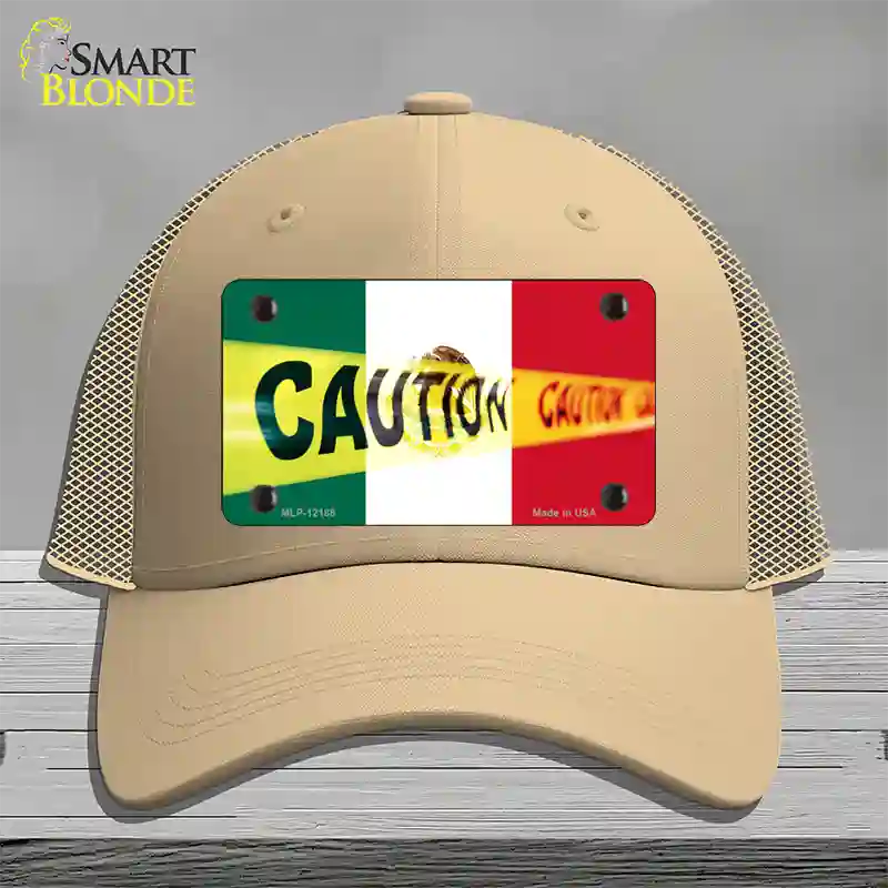 Caution Mexico Flag Novelty License Plate Hat Mesh / Khaki