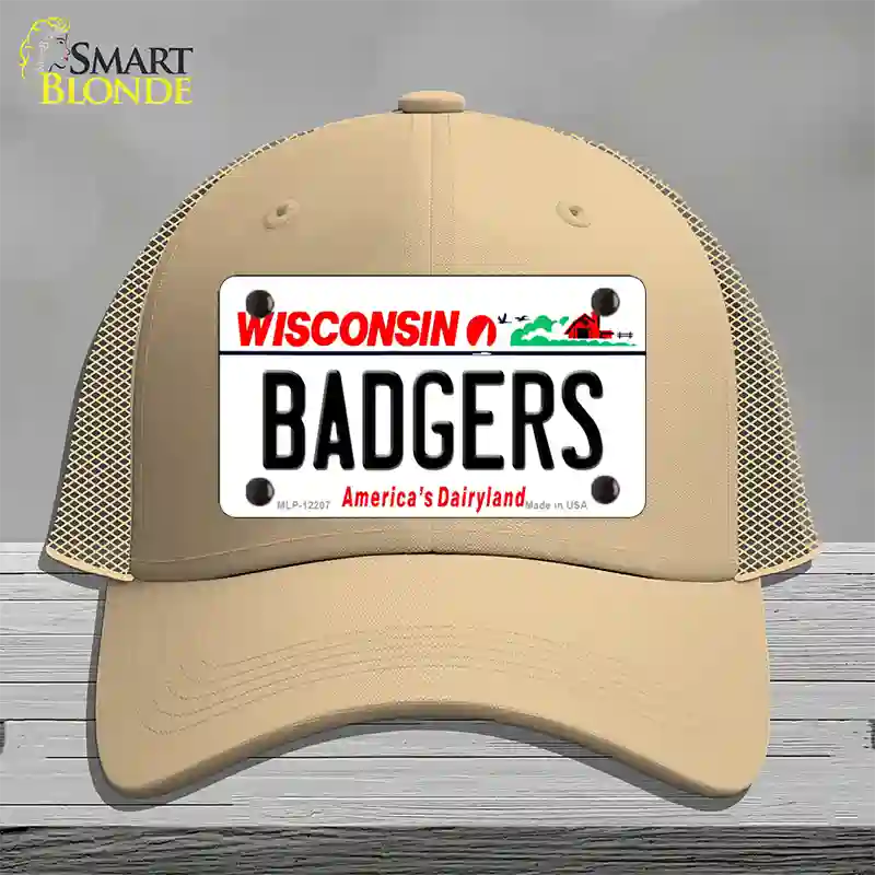 Badgers Wisconsin Novelty License Plate Hat Mesh / Khaki