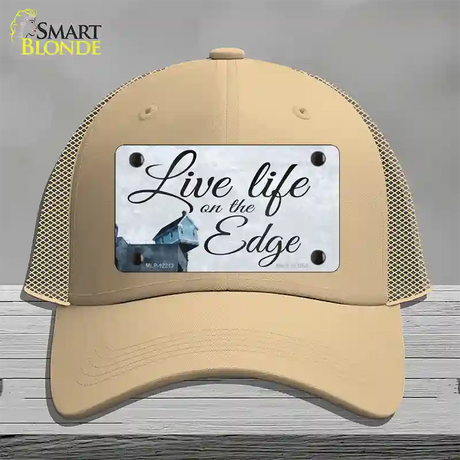 Live Life on the Edge Novelty License Plate Hat Mesh / Khaki