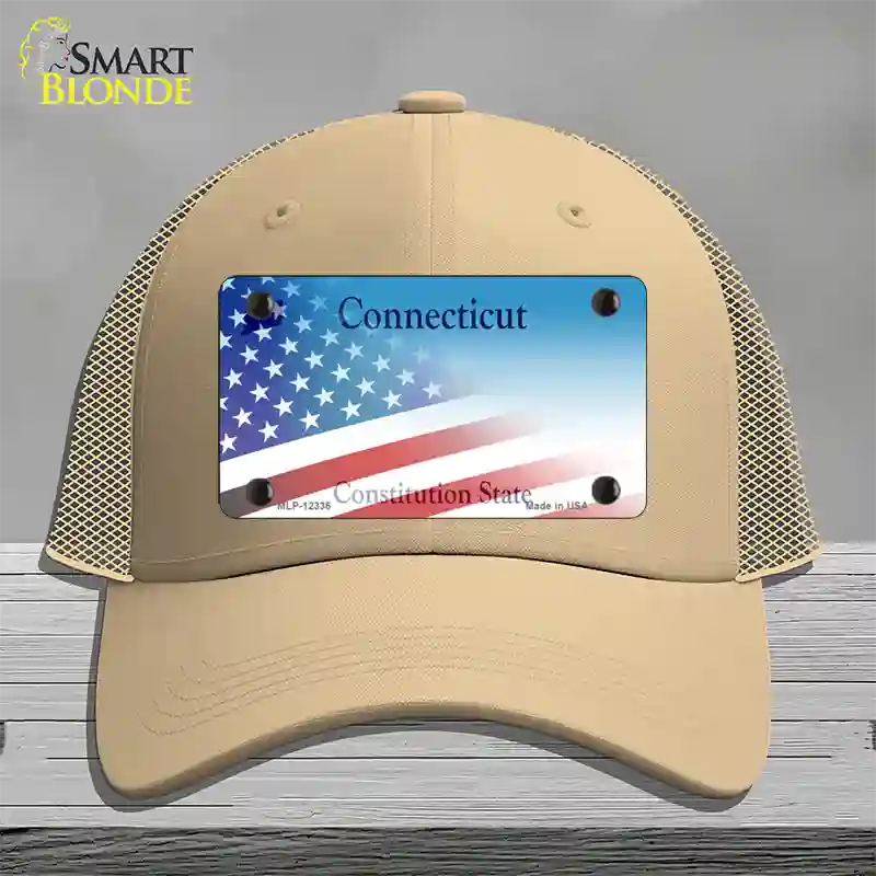 Connecticut with American Flag Novelty License Plate Hat Mesh / Khaki