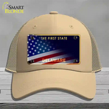 Delaware with American Flag Novelty License Plate Hat Mesh / Khaki