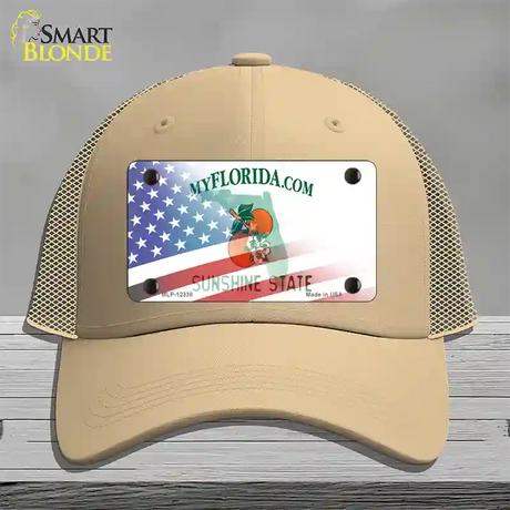 Florida with American Flag Novelty License Plate Hat Mesh / Khaki