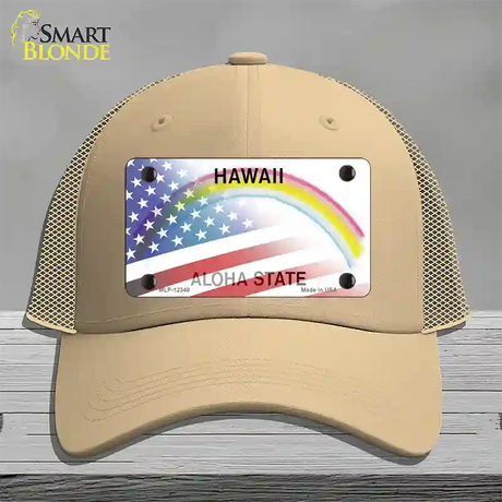 Hawaii with American Flag Novelty License Plate Hat Mesh / Khaki