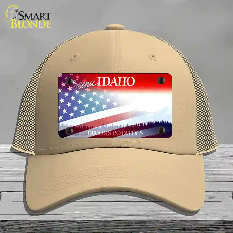 Idaho with American Flag Novelty License Plate Hat Mesh / Khaki