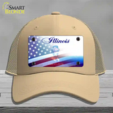 Illinois with American Flag Novelty License Plate Hat Mesh / Khaki