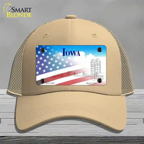 Iowa with American Flag Novelty License Plate Hat Mesh / Khaki