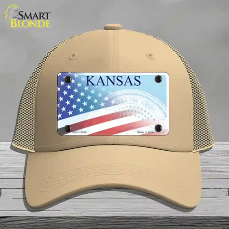 Kansas with American Flag Novelty License Plate Hat Mesh / Khaki