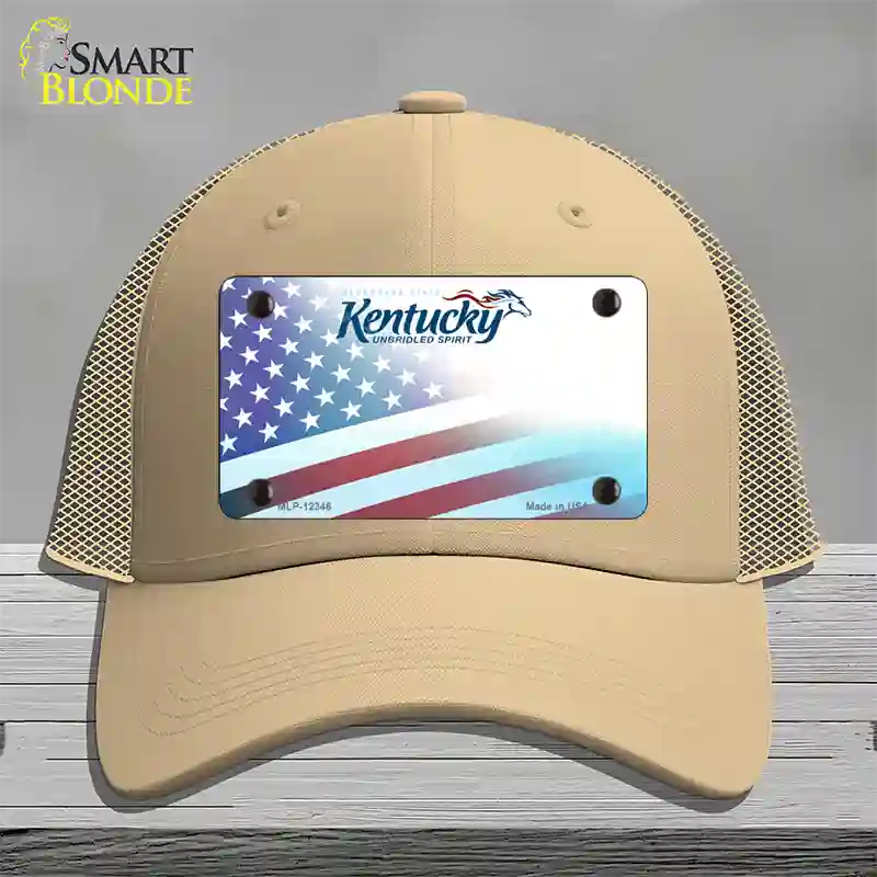 Kentucky with American Flag Novelty License Plate Hat Mesh / Khaki