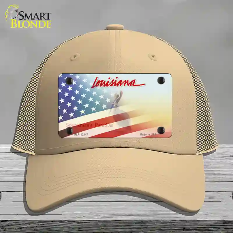 Louisiana with American Flag Novelty License Plate Hat Mesh / Khaki