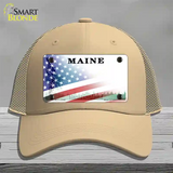 Maine with American Flag Novelty License Plate Hat Mesh / Khaki