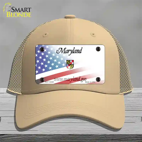 Maryland with American Flag Novelty License Plate Hat Mesh / Khaki