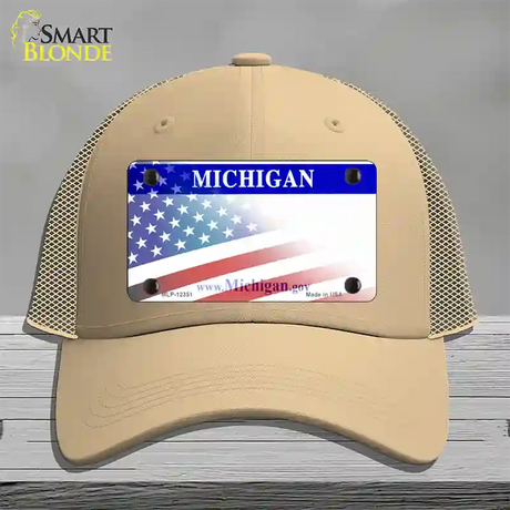 Michigan with American Flag Novelty License Plate Hat Mesh / Khaki