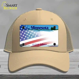 Minnesota with American Flag Novelty License Plate Hat Mesh / Khaki