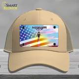 Mississippi with American Flag Novelty License Plate Hat Mesh / Khaki