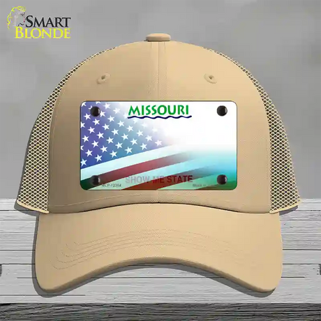 Missouri with American Flag Novelty License Plate Hat Mesh / Khaki