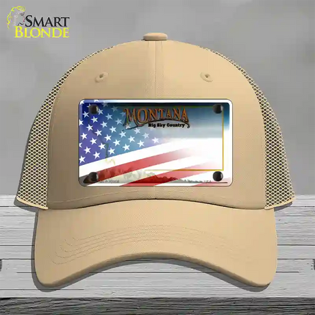 Montana with American Flag Novelty License Plate Hat Mesh / Khaki