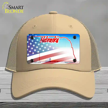 Nebraska with American Flag Novelty License Plate Hat Mesh / Khaki