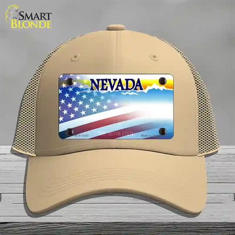 Nevada with American Flag Novelty License Plate Hat Mesh / Khaki