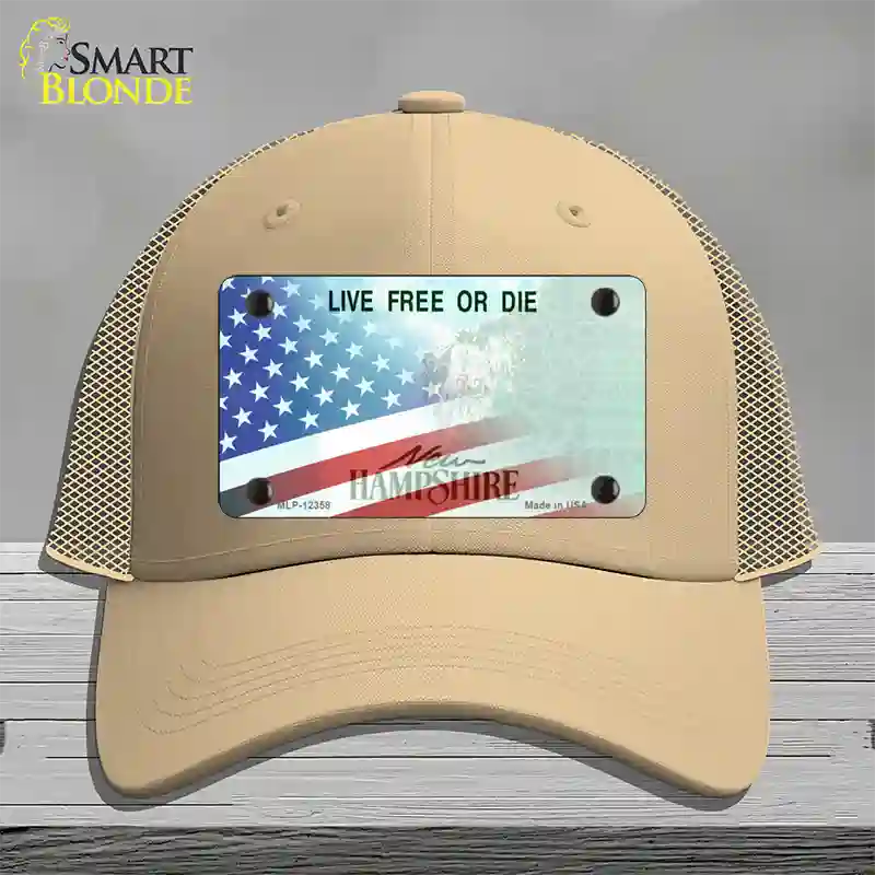 New Hampshire with American Flag Novelty License Plate Hat Mesh / Khaki