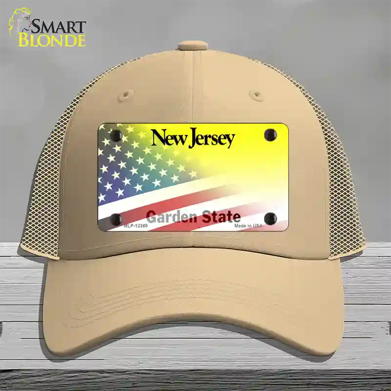 New Jersey with American Flag Novelty License Plate Hat Mesh / Khaki