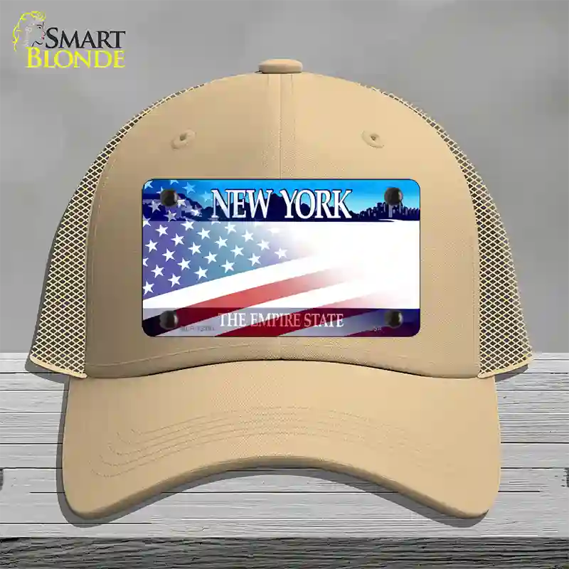 New York with American Flag Novelty License Plate Hat Mesh / Khaki