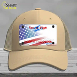 North Carolina with American Flag Novelty License Plate Hat Mesh / Khaki