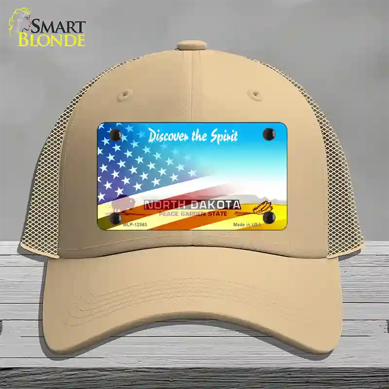 North Dakota with American Flag Novelty License Plate Hat Mesh / Khaki