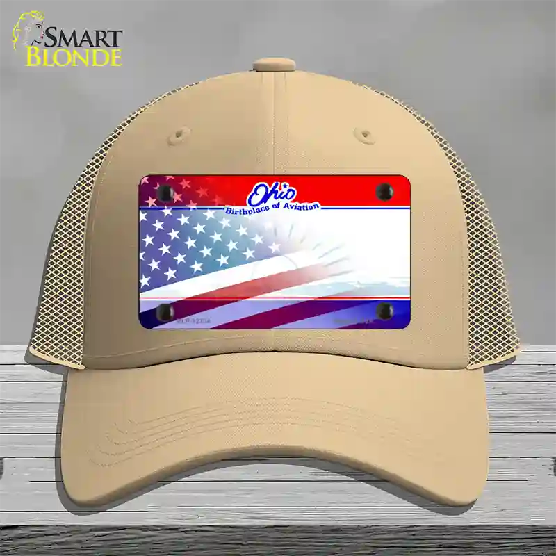 Ohio with American Flag Novelty License Plate Hat Mesh / Khaki