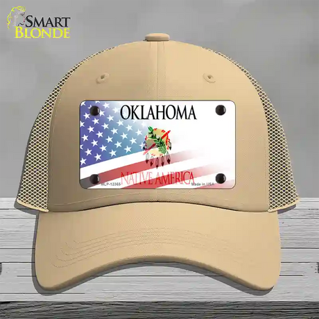 Oklahoma with American Flag Novelty License Plate Hat Mesh / Khaki