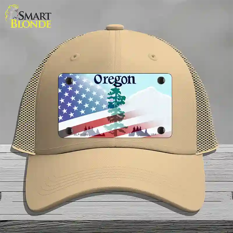 Oregon with American Flag Novelty License Plate Hat Mesh / Khaki