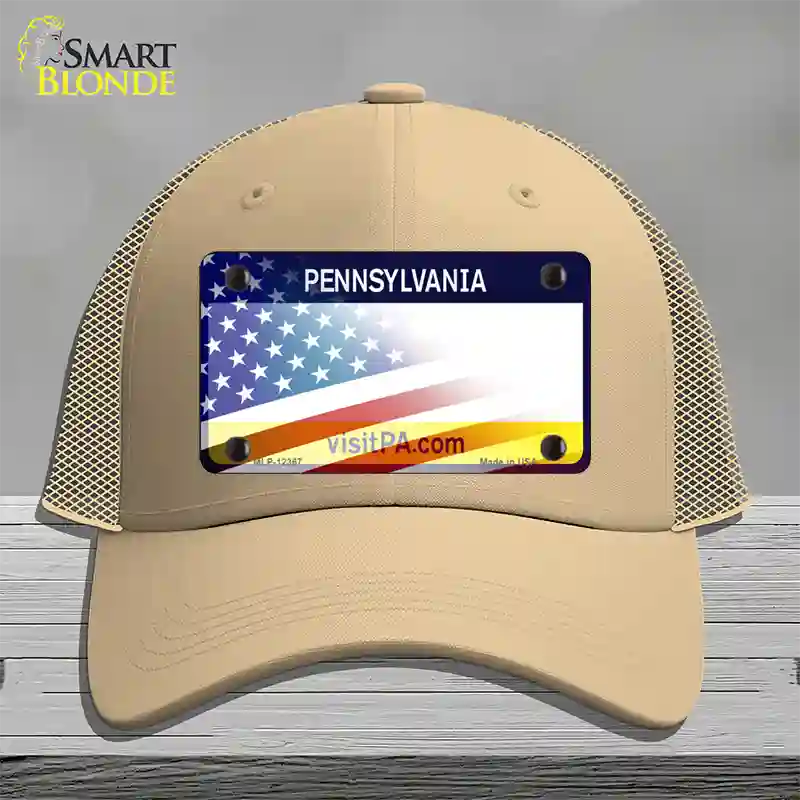 Pennsylvania with American Flag Novelty License Plate Hat Mesh / Khaki