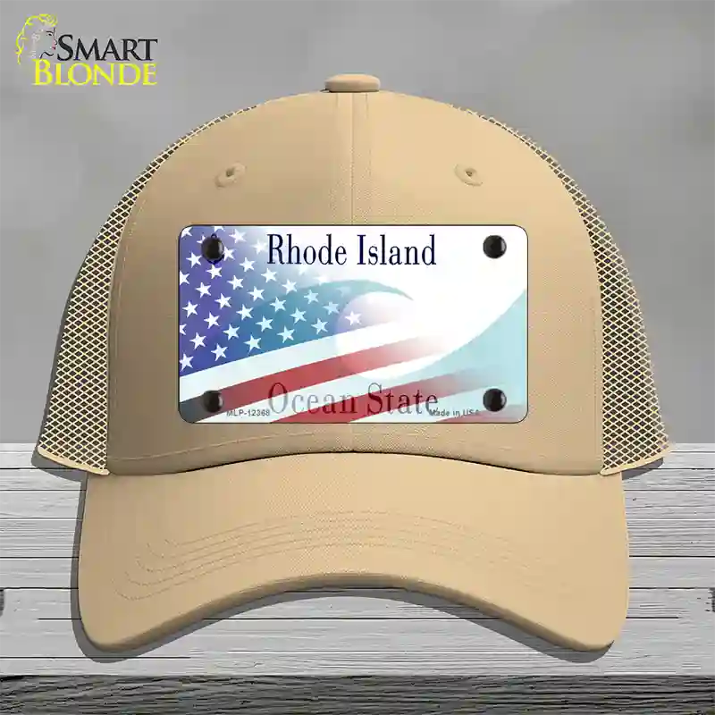 Rhode Island with American Flag Novelty License Plate Hat Mesh / Khaki