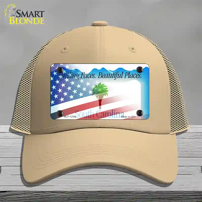 South Carolina with American Flag Novelty License Plate Hat Mesh / Khaki