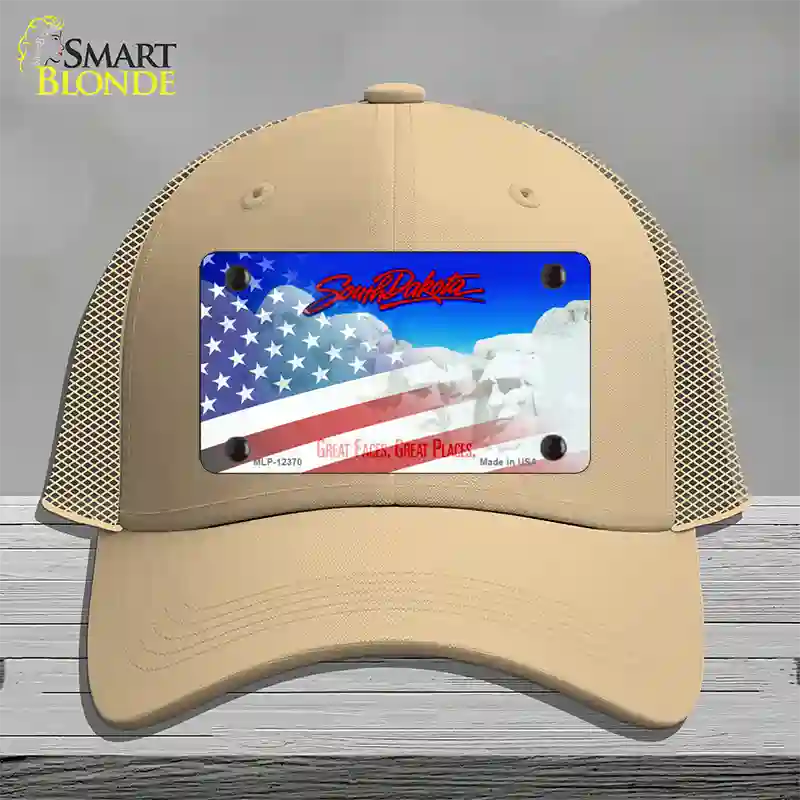 South Dakota with American Flag Novelty License Plate Hat Mesh / Khaki