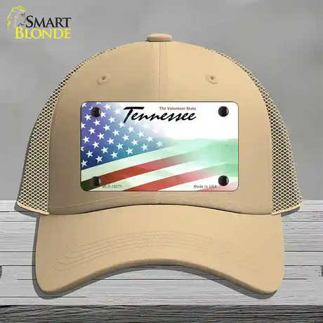 Tennessee with American Flag Novelty License Plate Hat Mesh / Khaki