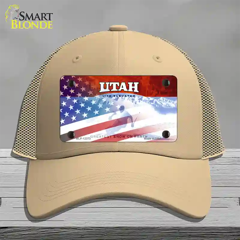 Utah with American Flag Novelty License Plate Hat Mesh / Khaki