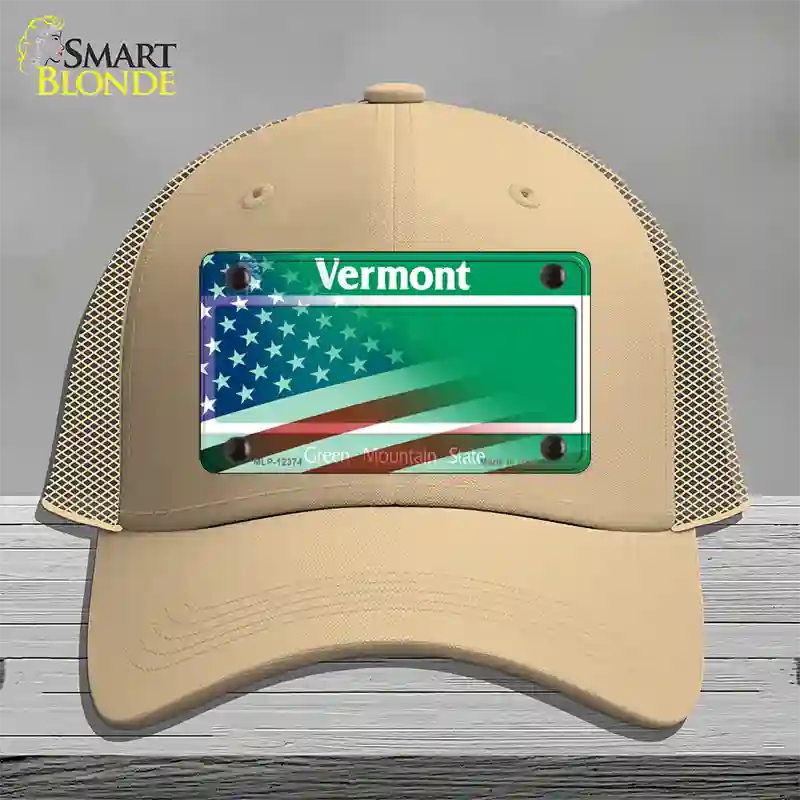 Vermont with American Flag Novelty License Plate Hat Mesh / Khaki