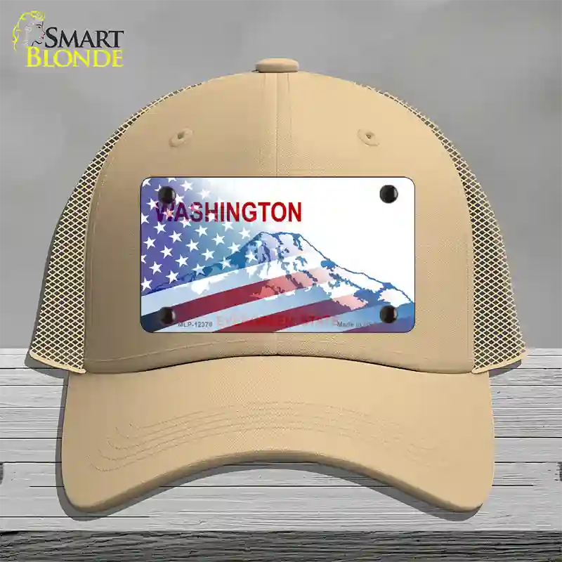 Washington with American Flag Novelty License Plate Hat Mesh / Khaki