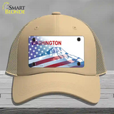 Washington with American Flag Novelty License Plate Hat Mesh / Khaki