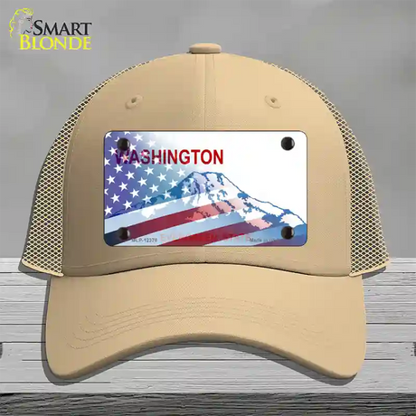 Washington with American Flag Novelty License Plate Hat Mesh / Khaki