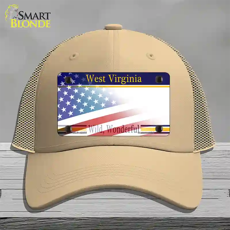 West Virginia with American Flag Novelty License Plate Hat Mesh / Khaki