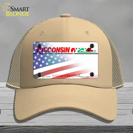 Wisconsin with American Flag Novelty License Plate Hat Mesh / Khaki