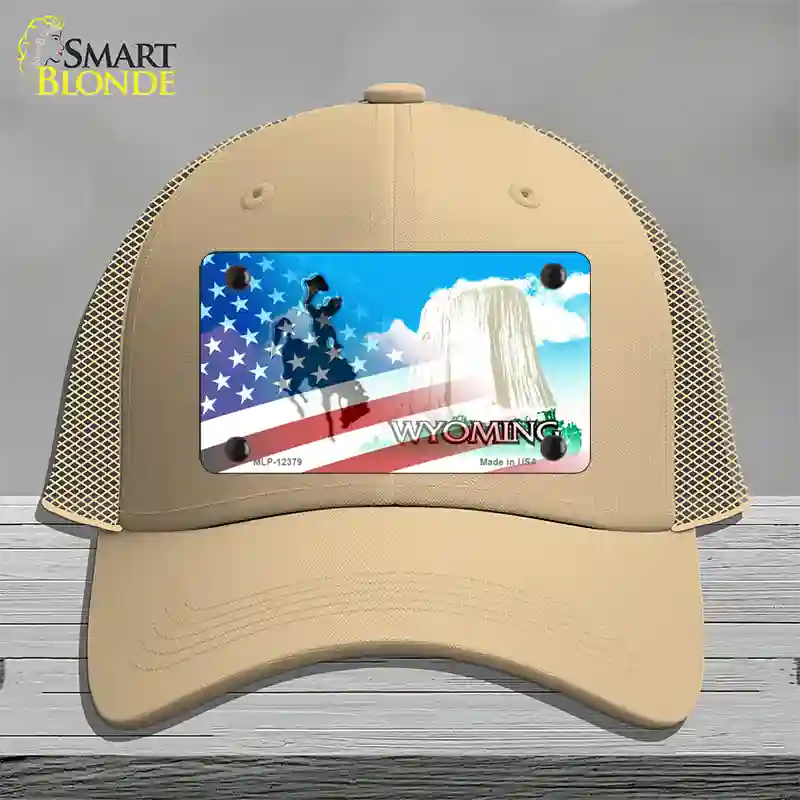 Wyoming with American Flag Novelty License Plate Hat Mesh / Khaki