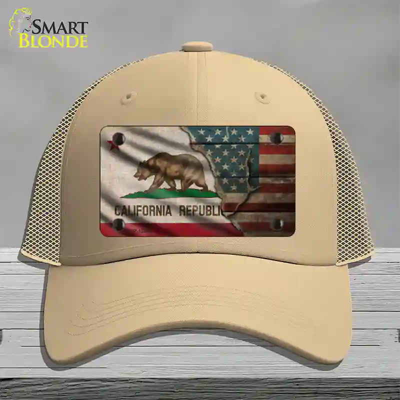 California/American Flag Novelty License Plate Hat Mesh / Khaki