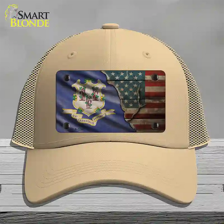 Connecticut/American Flag Novelty License Plate Hat Mesh / Khaki