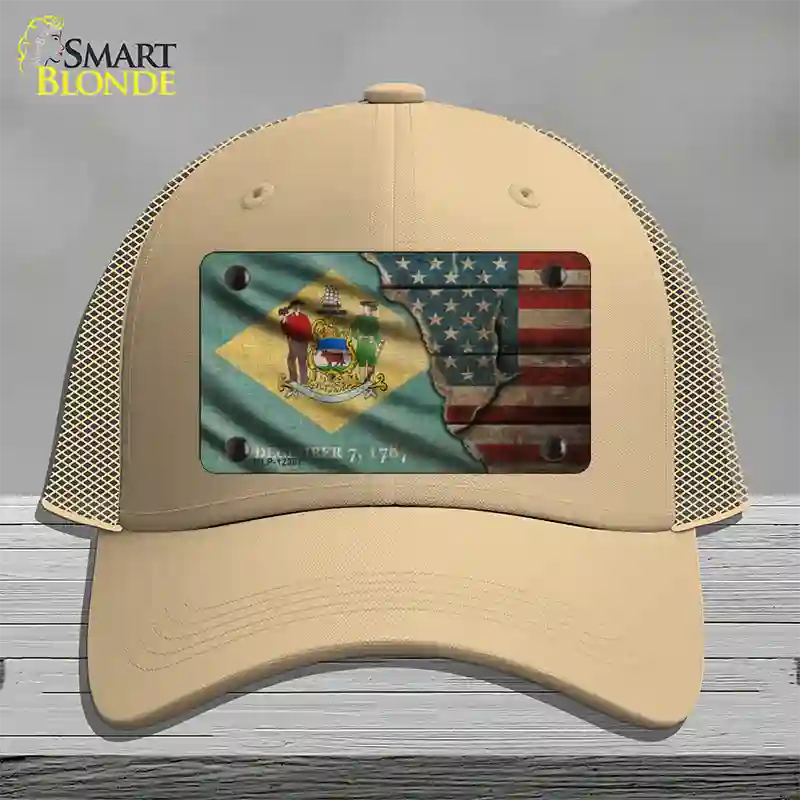 Delaware/American Flag Novelty License Plate Hat Mesh / Khaki