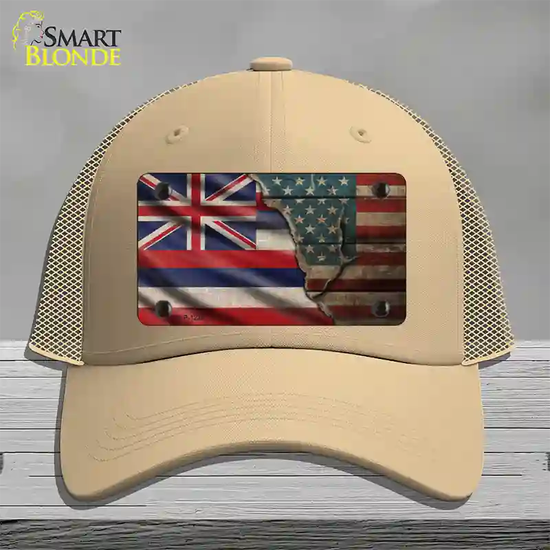 Hawaii/American Flag Novelty License Plate Hat Mesh / Khaki