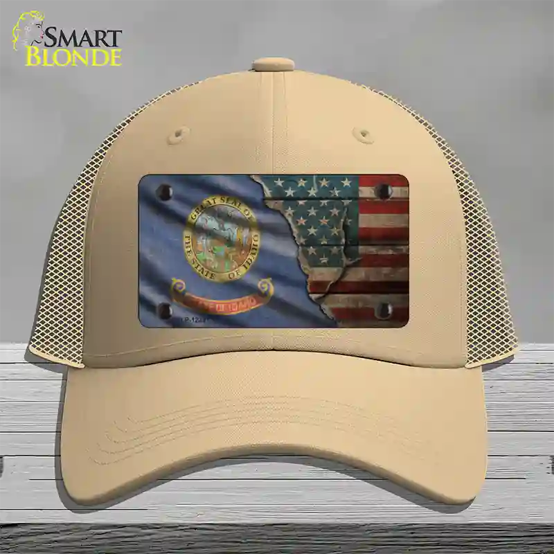 Idaho/American Flag Novelty License Plate Hat Mesh / Khaki