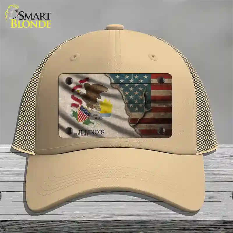 Illinois/American Flag Novelty License Plate Hat Mesh / Khaki